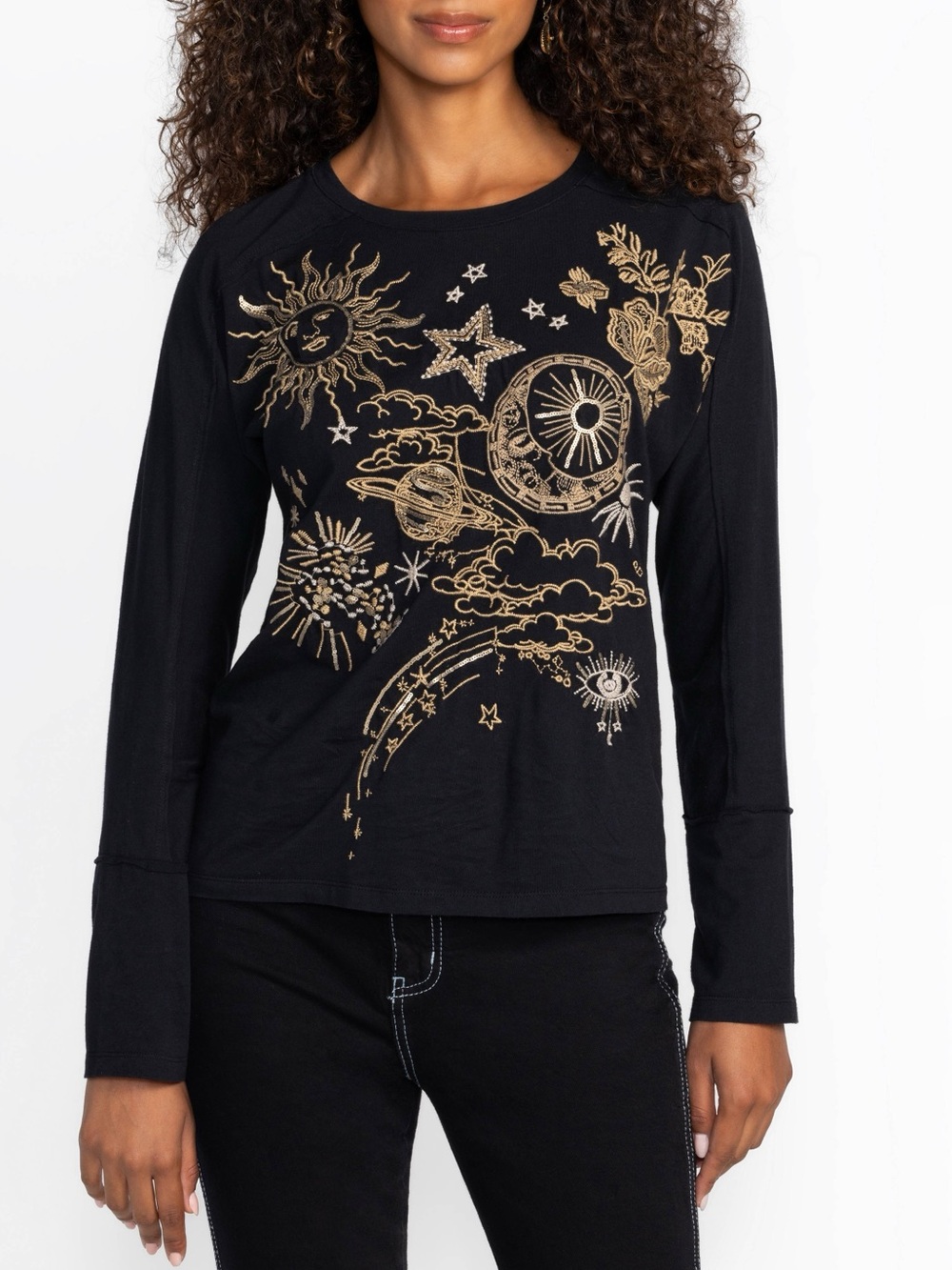 NWT Johnny Was Long Sleeve Dolman Sleeve Tee T Shirt Black Celestial Star Sz L